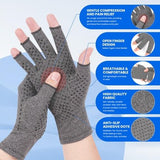 Grey fingerless compression gloves with anti-slip dot pattern on palm, shown on adult hands for arthritis pain relief - view 3