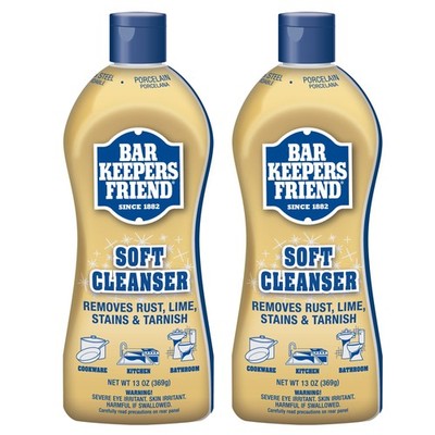 Two 13oz bottles of Bar Keepers Friend Soft Cleanser Liquid rust and stain remover standing upright on white background