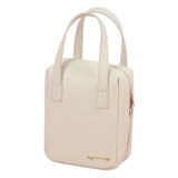 Small beige PU leather makeup bag with top handle and zipper closure, compact waterproof travel cosmetic pouch organizer
