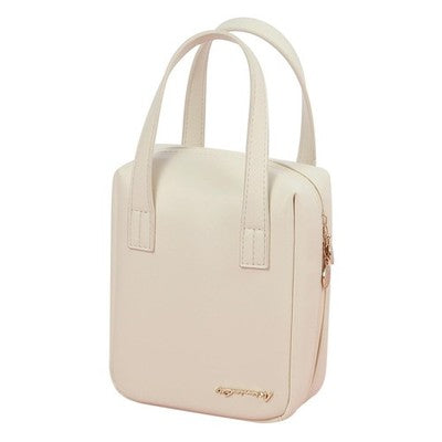Small beige PU leather makeup bag with top handle and zipper closure, compact waterproof travel cosmetic pouch organizer