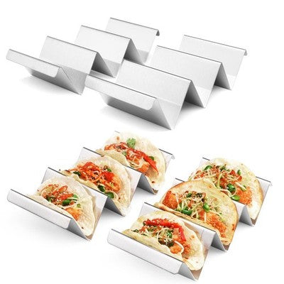 Four stainless steel taco holder racks arranged together, each holding three taco shells upright, 304 steel silver finish