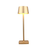 Gold aluminum cordless rechargeable table lamp 14 inches tall with cone shade and touch dimming control for indoor outdoor use