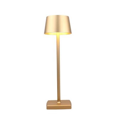 Gold aluminum cordless rechargeable table lamp 14 inches tall with cone shade and touch dimming control for indoor outdoor use