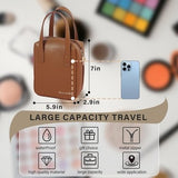 Small brown faux leather makeup bag with top handle and zipper closure, compact travel cosmetic toiletry pouch - view 3