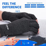 Dim grey fingerless arthritis compression gloves with anti-slip dot grip pattern on palm, shown on hand for pain relief - view 4