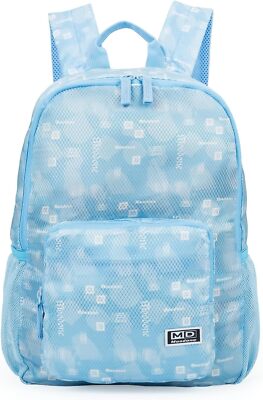 MOODONE blue 20L lightweight packable hiking backpack unfolded showing mesh straps, four zippered pockets and mesh side pockets