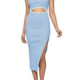 Sky blue sleeveless ribbed bodycon midi dress with square neckline and front cutout detail, shown on model, size XL