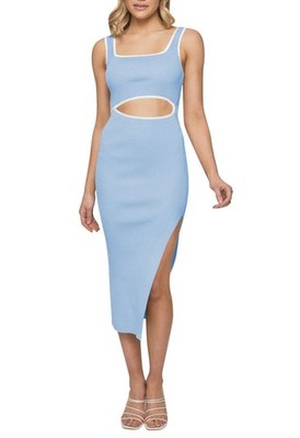 Sky blue sleeveless ribbed bodycon midi dress with square neckline and front cutout detail, shown on model, size XL