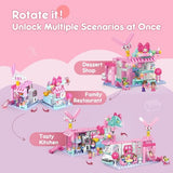 Blokees 184-piece STEM bakery building blocks set showing assembled dessert shop with rabbit and small lamps, multicolor ABS pieces - view 3