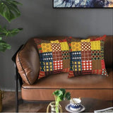 Two brown linen patchwork mandala quilted throw pillow covers 18x18 inches in bohemian style on a couch - view 2