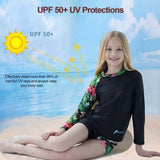 FAFSGOD girls black floral 2-piece swimsuit set with long sleeve UPF 50+ rash guard top and boy shorts bottoms - view 3