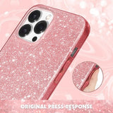 MILPROX pink glitter iPhone 15 Pro case showing slim 3-layer shockproof construction with sparkle finish and precision cutouts - view 4