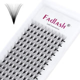 FADLASH premade volume lash fans tray showing pointy thin base 3D to 20D black PBT fiber extensions 120 fans