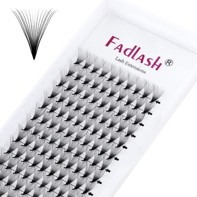 FADLASH premade volume lash fans tray showing pointy thin base 3D to 20D black PBT fiber extensions 120 fans