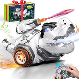 Gray remote control dinosaur car toy with open mouth, spray feature and launching cannon for kids