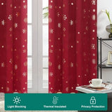 Two red blackout curtain panels with gold foil snowflake print hung on a rod, 52x84 inches, FRAMICS Christmas curtains - view 5