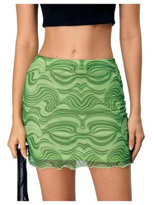 Verdusa women's green wavy geometric print mesh maxi pencil skirt with high waist elastic back, size medium
