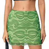 Verdusa women's green wavy geometric print mesh maxi pencil skirt with high waist elastic back, size medium