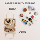 Small beige PU leather makeup bag with top handle and zipper closure, compact waterproof travel cosmetic pouch organizer - view 6