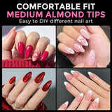 216 clear medium almond full cover press-on nail tips displayed in 12 sizes on white background by UNA GELLA - view 2