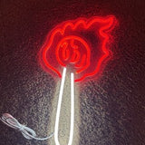 Illuminated acrylic LED torch fire wall sign glowing in red and white, mounted on a dark wall for bar or man cave decor - view 3