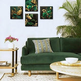 Four emerald green and gold leaf tropical botanical canvas prints 12x12 inches on wood frames arranged as a gallery wall set - view 6