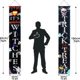 Two FSFLAG Halloween porch banners reading Trick or Treat and It's October Witches, each 74 inches long, hung outdoors - view 2