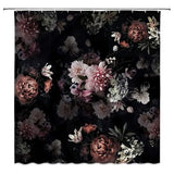 Boho floral shower curtain 70x70 inches with pink and black watercolor roses and peonies on white polyester fabric