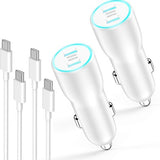 Two white dual USB-C car chargers with 3.3ft USB-C cables, 40W PD 3.0 fast charging, 2-pack set