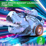 Gray remote control dinosaur car toy with open mouth, spray feature and launching cannon for kids - view 3