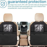 Two black Enovoe 18x24 inch waterproof PVC kick mats with clear tablet holder and zip pocket mounted on car back seats - view 3