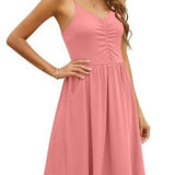 Yathon women's coral sleeveless spaghetti strap A-line sundress with side pockets and gathered V-neck bust, knee length - view 4