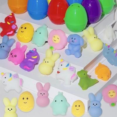 36 colorful Easter mochi squishy toys shaped like bunnies chicks and eggs displayed with 36 plastic surprise eggs multicolor
