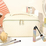 TBOLINE large white checkered PU leather travel makeup bag laid flat open showing interior compartments and pockets - view 4