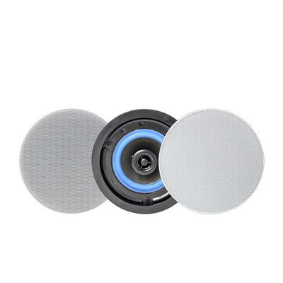 Pair of white Herdio 4-inch flush mount ceiling speakers with magnetic grills for in-wall or ceiling installation