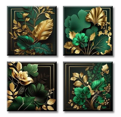 Four emerald green and gold leaf tropical botanical canvas prints 12x12 inches on wood frames arranged as a gallery wall set