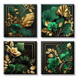 Four emerald green and gold leaf tropical botanical canvas prints 12x12 inches on wood frames arranged as a gallery wall set