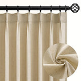 Two natural beige pinch pleat semi-sheer linen blend curtain panels 40x92 inches hanging on a window rod