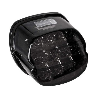 Smoked lens LED rear tail light for Harley Davidson motorcycle with black ABS housing showing brake and running light
