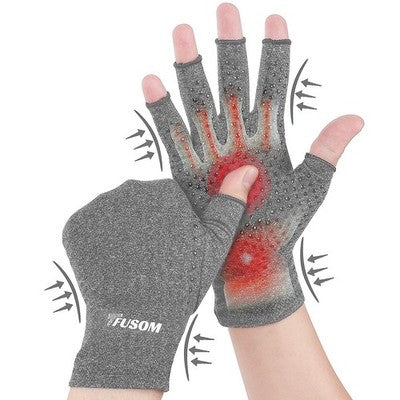 Light gray fingerless compression gloves with anti-slip dot gel palms for arthritis pain relief, size medium