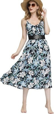 Women wearing a blue floral boho maxi dress with V-neck, adjustable spaghetti straps and side pockets