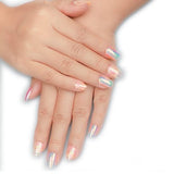 MNSL short coffin mermaid press on nails set with multicolor glitter pearl finish displayed on hand