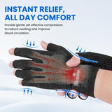 Dim grey fingerless arthritis compression gloves with anti-slip dot grip pattern on palm, shown on hand for pain relief - view 2