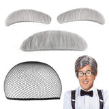 Old man costume wig set with gray synthetic wig, thick-lens glasses, mustache, eyebrows, and wig cap on display - view 3