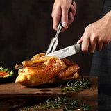 Yosfo 8-inch stainless steel carving knife and 7-inch fork set with black POM ergonomic handles on white background - view 2