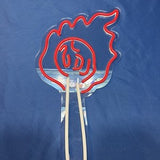 Illuminated acrylic LED torch fire wall sign glowing in red and white, mounted on a dark wall for bar or man cave decor