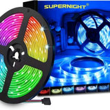 Supernight 32.8ft RGB LED strip lights with 300 LEDs glowing in multiple colors mounted behind a bedroom TV