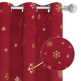 Two red blackout curtain panels with gold foil snowflake print hung on a rod, 52x84 inches, FRAMICS Christmas curtains - view 2