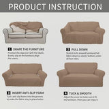 Easy-Going camel check jacquard stretch slipcover fitted snugly over a three-seat sofa with elastic base secured - view 8