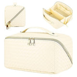 TBOLINE large white checkered PU leather travel makeup bag laid flat open showing interior compartments and pockets - view 6